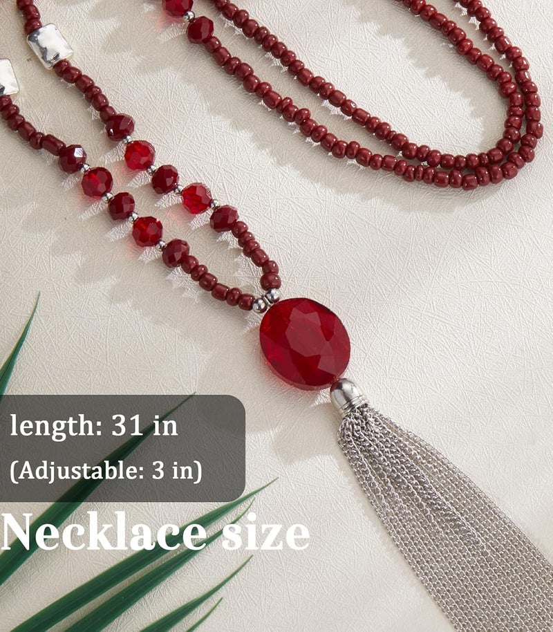 BULINLIN Boho Beaded Long Necklaces for Women Chunky Bead Pendant Necklace with Crystal Tassel Costume Jewelry Gifts for Her - Image 5